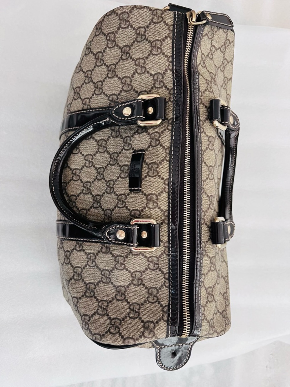 Gucci Brown Beige GG Canvas Top-Handle Satchel with Black Trim